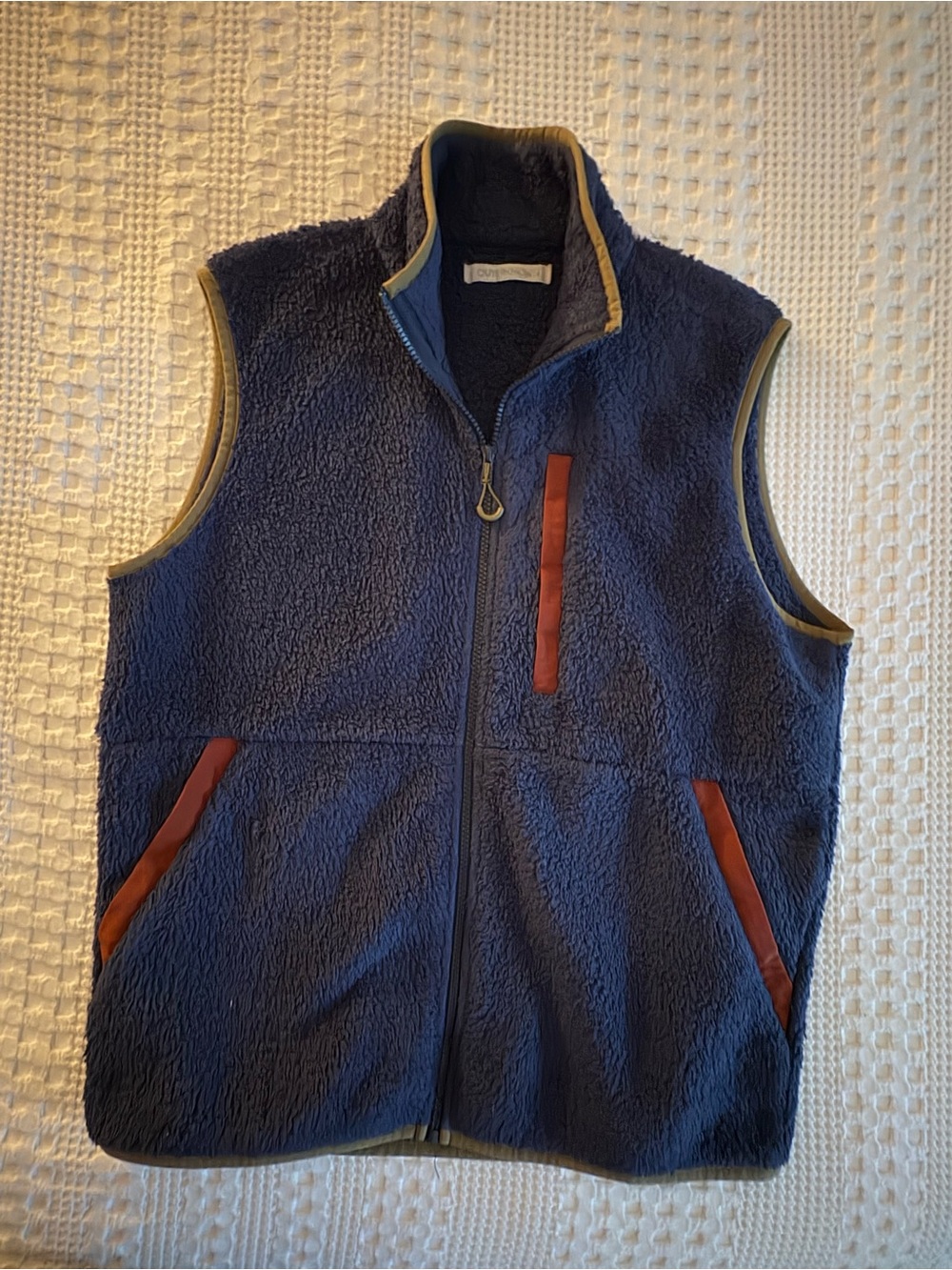 Outerknown Men's Navy Sherpa Fleece Vest with Rust Trim - Large